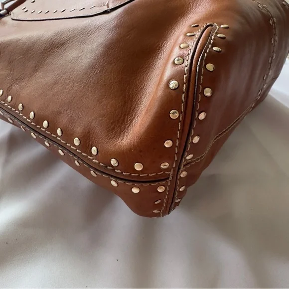 MICHAEL KORS Cognac Brown Gold Studded Leather Shoulder Tote Bag - Picture 7 of 16